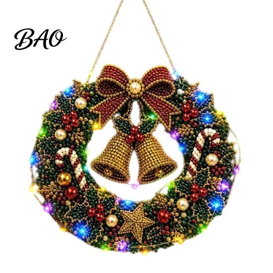 Festive Door Hanging Ornament DIY Acrylic Christmas Faux Pearl Art Kit, Lighted Wreath 3D Beaded Craft Mantelpiece Kit with LED String Light, Beginner