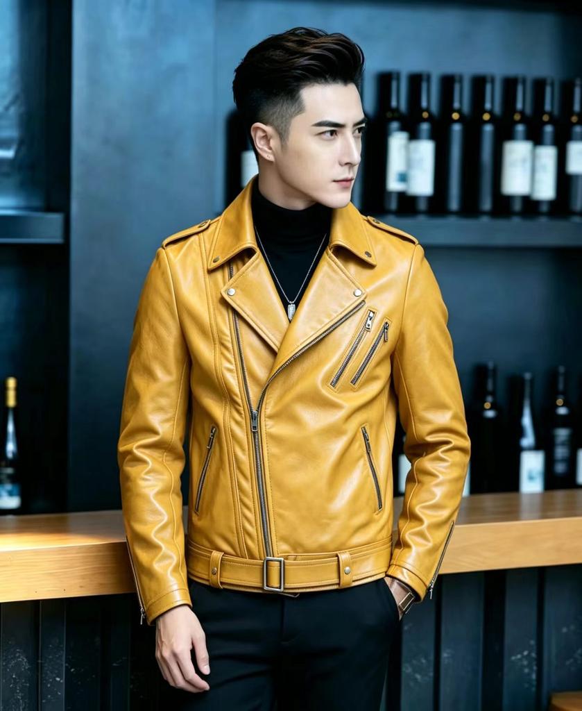 Spring and autumn new elegant men's motorcycle leather jacket, collared multi-zip men's leather jacket, large men's coat