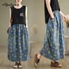 Mori Girl Осень-Весна Женская Джинсовая Юбка Миди Плюс Размер Высокая Талия Ретро Принт Юбка Подсолнух Винтаж Элегантные Дамские Юбки С Разрезом