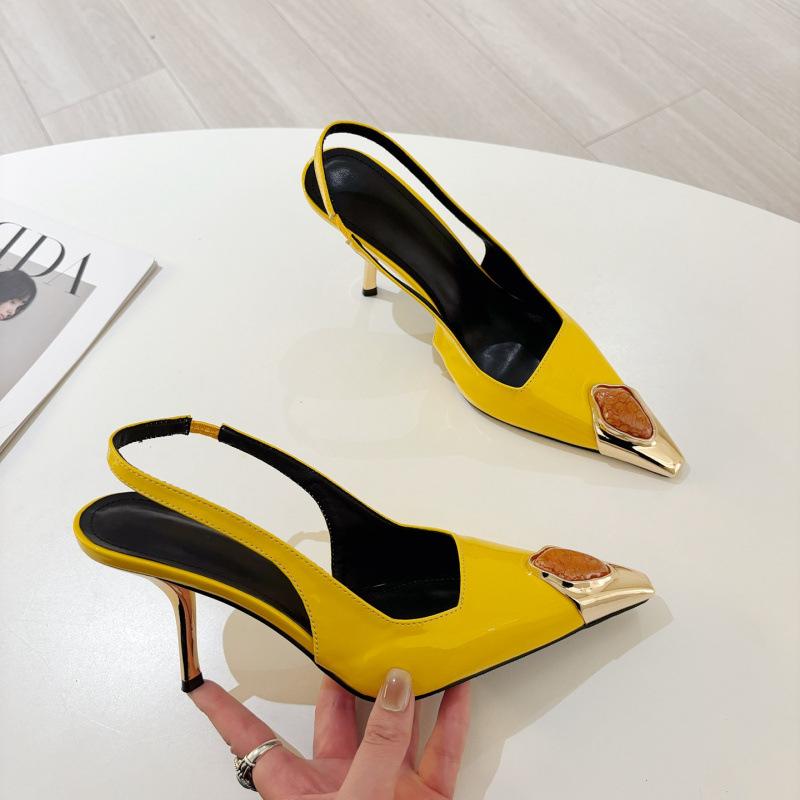 Fashion Metal Jewelry Decorated High Heels Women Sexy Pointed Toe Patent Leather Slingback Heeled Sandals Elegant Party Wedding Shoes