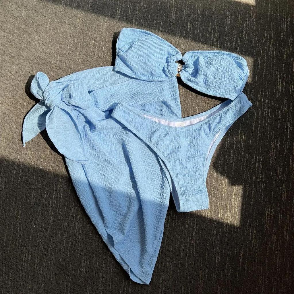 С саронг бандо без бретелек сморщенный бикини женский купальник женский купальник из трех частей бикини комплект купальный костюм