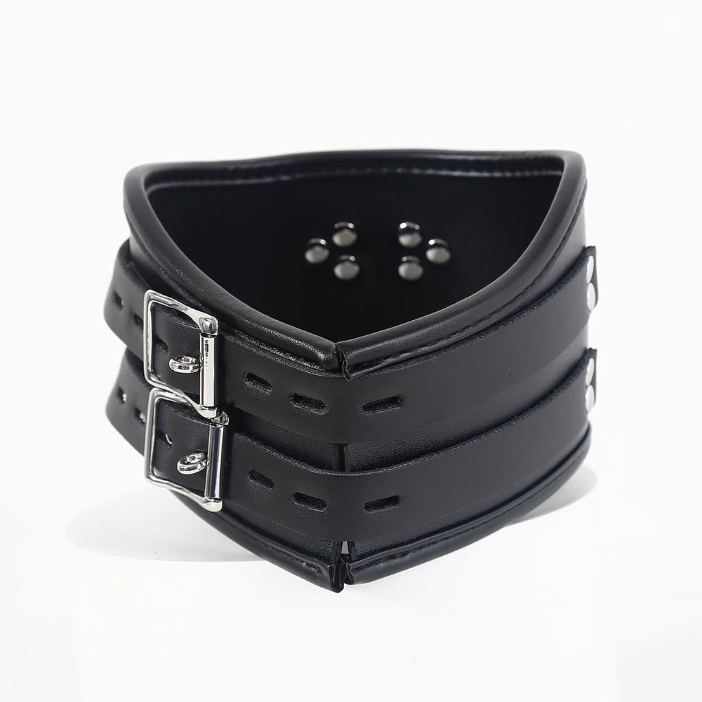 Gothic Cosplay Role Play Costume of Black Tall PU Leather Buckle Posture Collar for Adult Choker Neck Stretching
