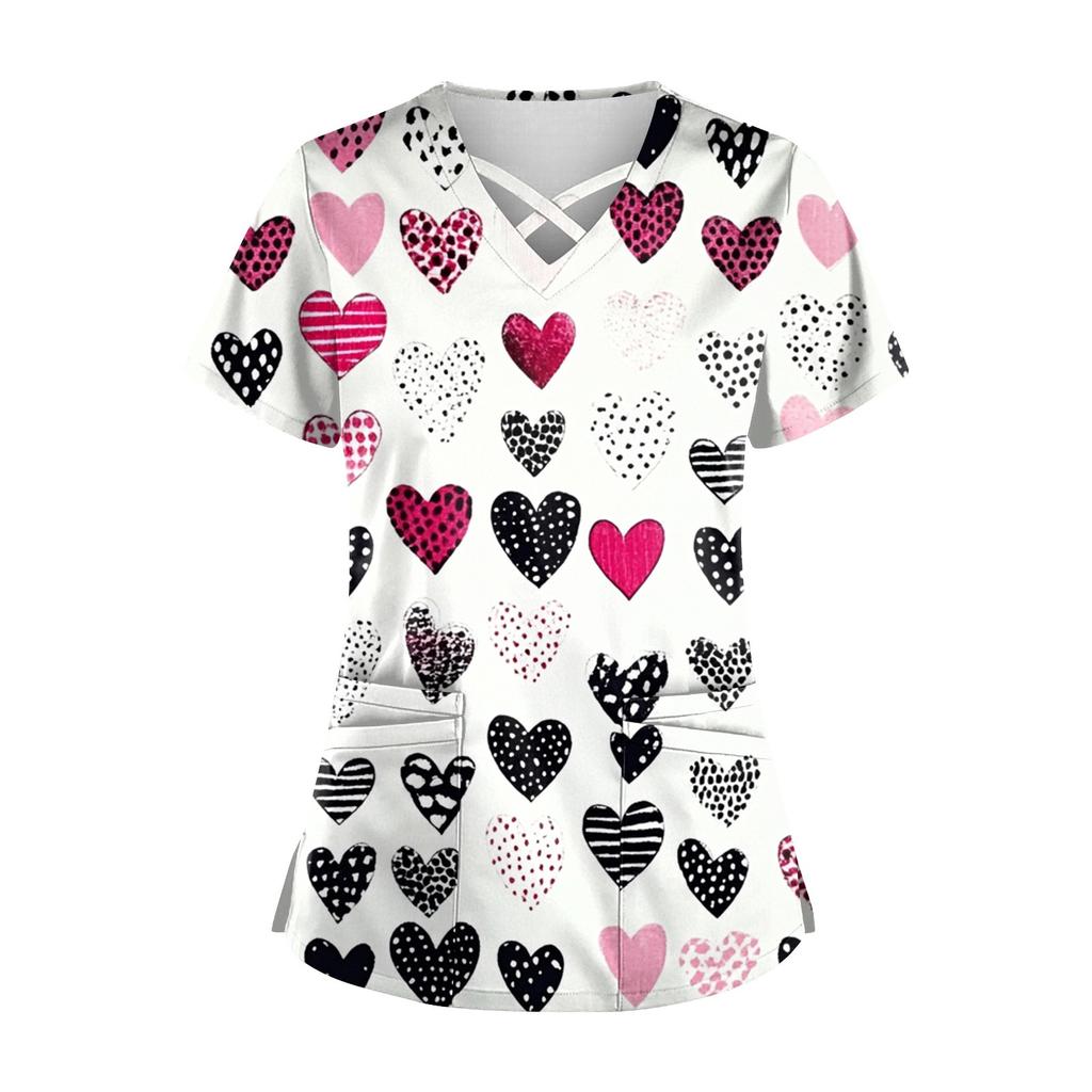 Женский топ с коротким рукавом и V-образным вырезом, принтом ко Дню святого Валентина, карманом Dry-nurse