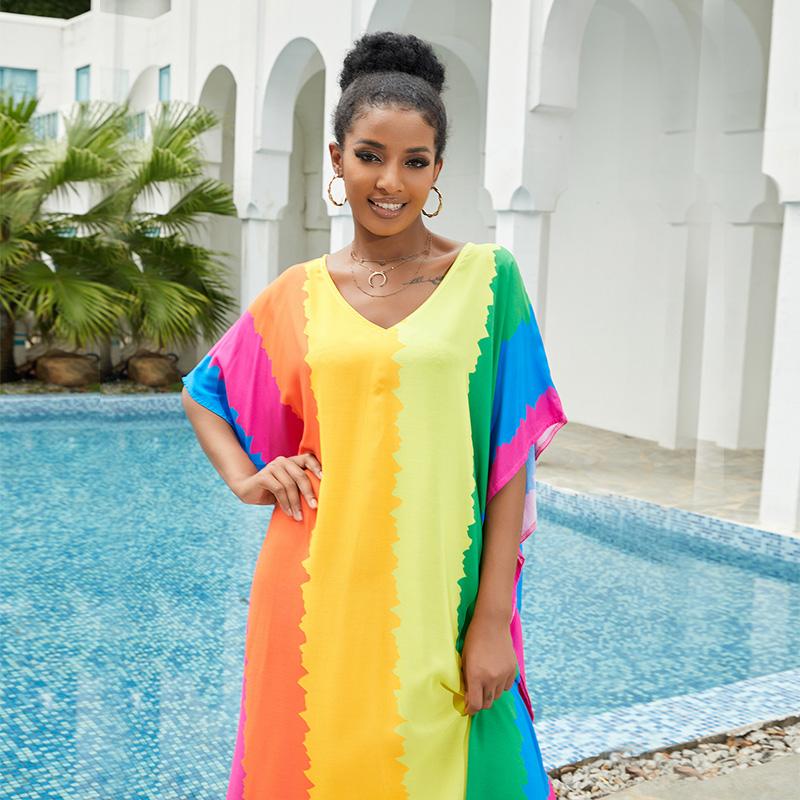 EDOLYNSA Plus Size Bathing Cover Up Boho Colorful Printed Kaftan Dress Bat Sleeve Long Tops Wedding Guest Dress Q1546