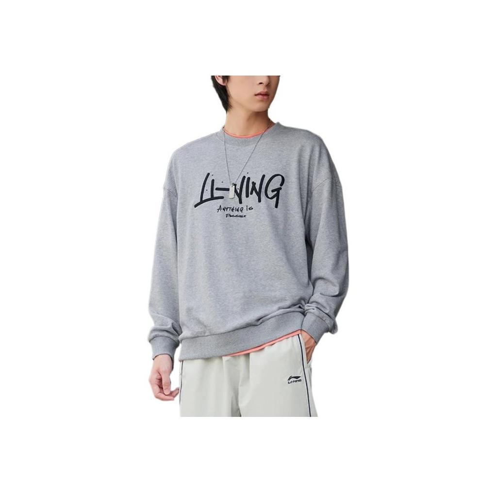 Li-Ning Sports Fashion Series Logo Letter Embellished Fleece-Lined Warm Long-Sleeve Sweatshirt Unisex Tops Floral-Grey AWDSF75-12