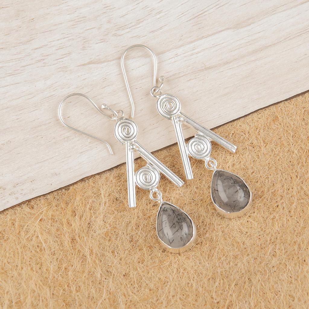 Черные рутиловые серьги ручной работы из серебра, подвеска в стиле бохо из стерлингового серебра 925 пробы, красивые серьги с рутиловым драгоценным камнем, подарок для любви