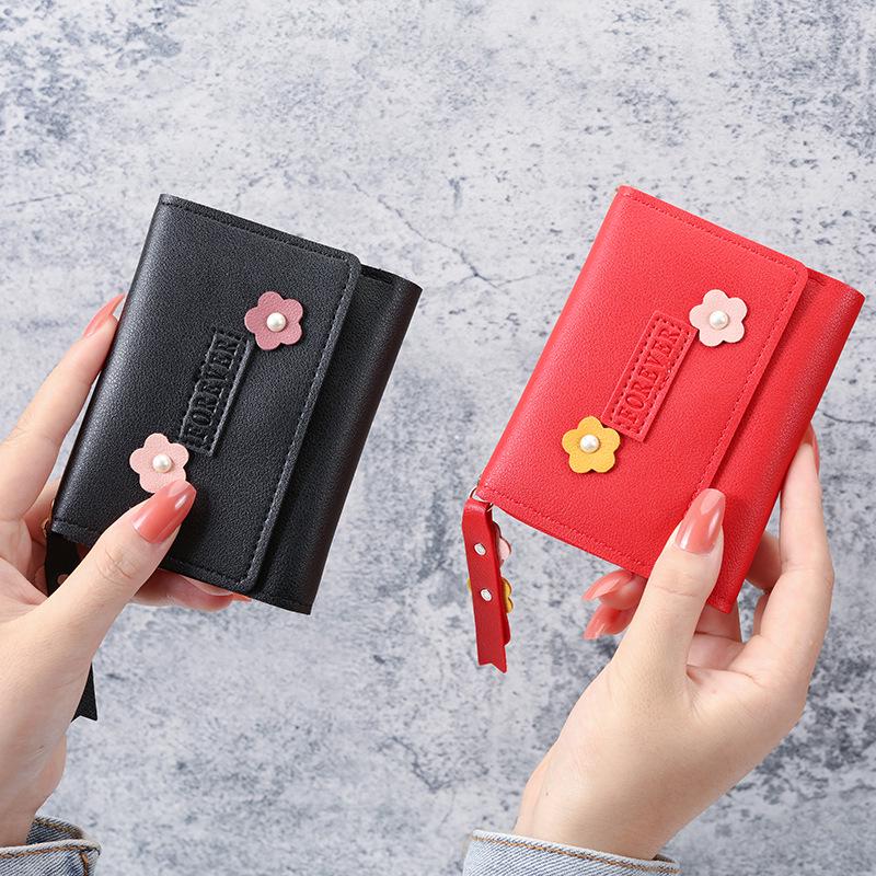 2025 Женский Милый Короткий Трехсложный Кошелек с Цветочным Принтом – Простой Японский и Корейский Стиль, Держатель для Карт и Кошелек для Монет
