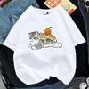 Kawaii Cat Shark Women Print Funny T-shirt Girl Animal Y2K Fashion 90S Print Tops Tee Gril Black White Clothes