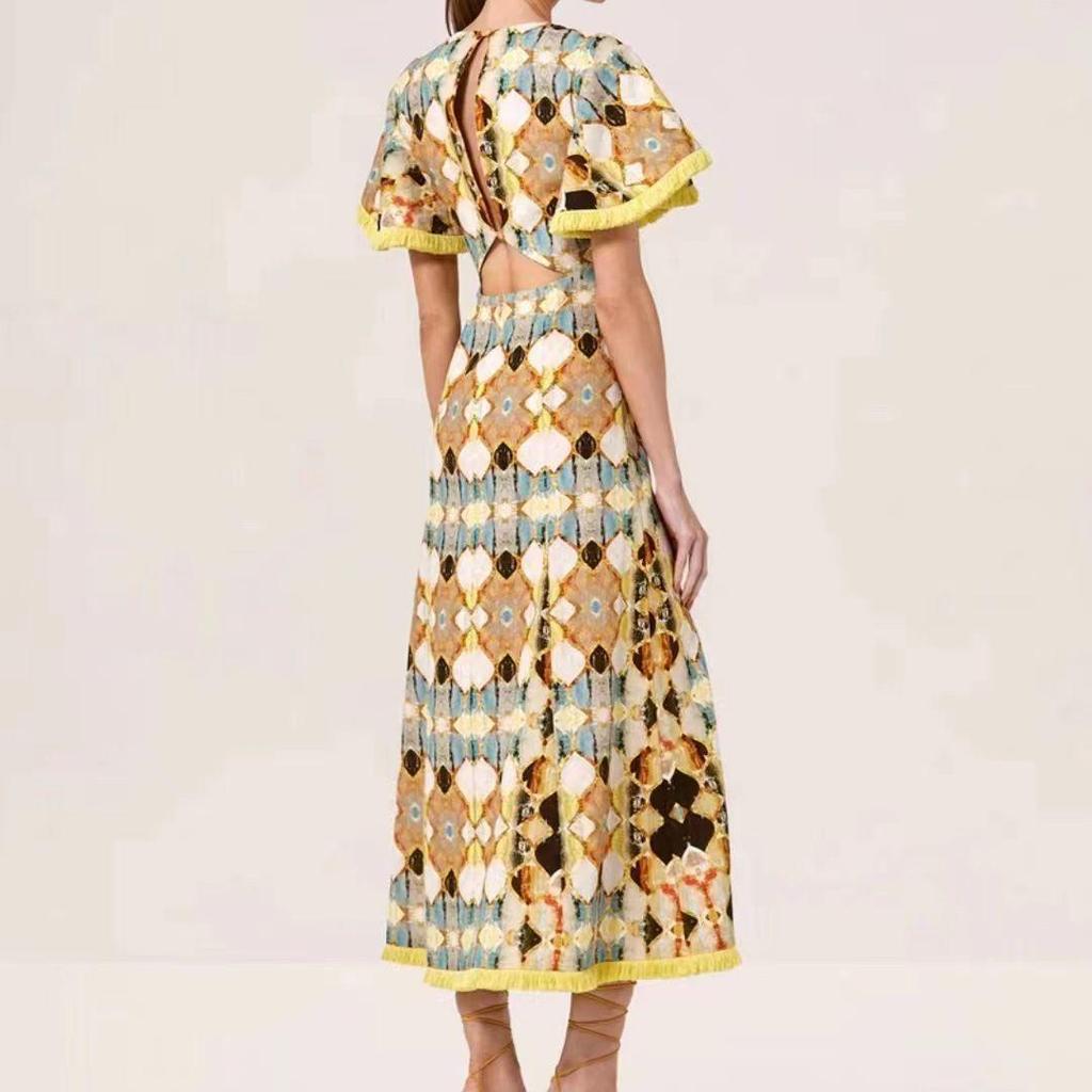 Женское длинное платье с V-образным вырезом, кисточками и открытой спиной, со шнуровкой на талии, осень 2023 г.