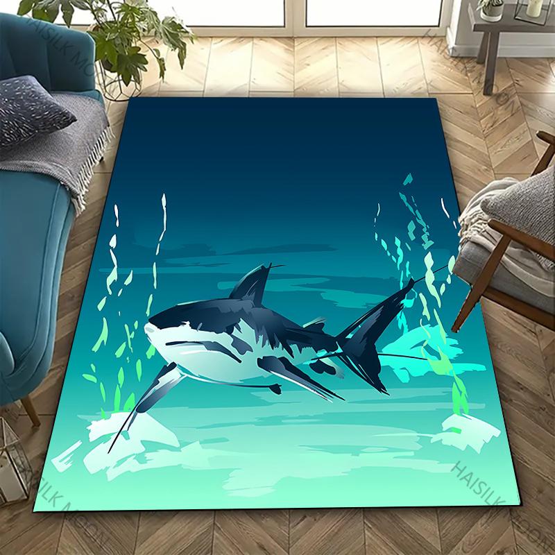 3D Shark Theme Printed Carpet Edgy Nautical Horror Statement Rug for Living Rooms Bedrooms, Office Areas, Durable Washable Mats