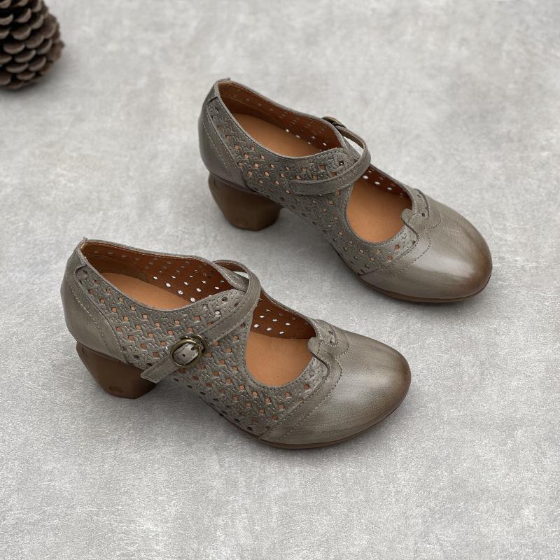 Johnature Винтажные босоножки ручной работы из натуральной кожи на высоком каблуке с выемками, дышащие женские туфли