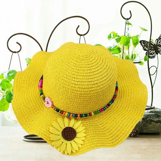 Шляпа от солнца для мальчиков и девочек, солнцезащитный дизайн, дышащая пляжная шляпа, волнистые поля, желтые цветы, бусины, плетеная соломенная шляпа