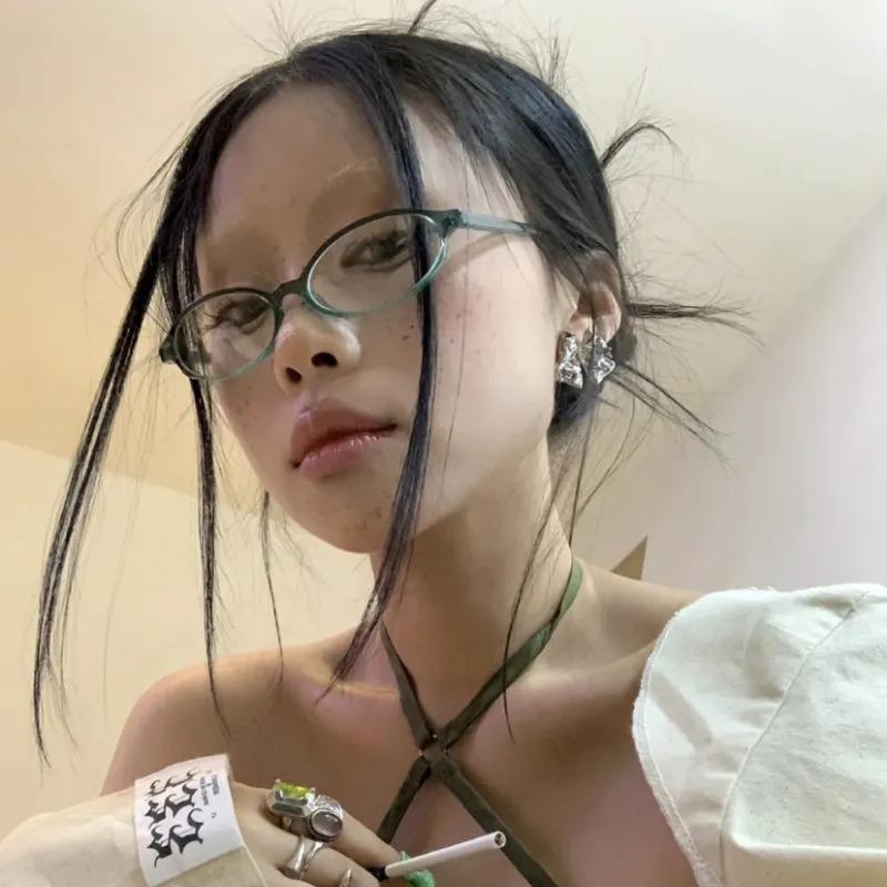 Retro Blue Green Oval Small Frame Glasses Frame Women'S Anti Blue Light Glasses New Fashion Style Eyeglasses Frame