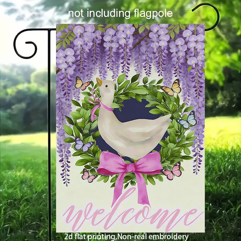 2D Flat, 1pc, 2D Flat Printing, Wisteria Wreath Goose and Butterfly Welcome Garden Flag, Polyester Material, Multiple Sizes, Machine Washable and Dura