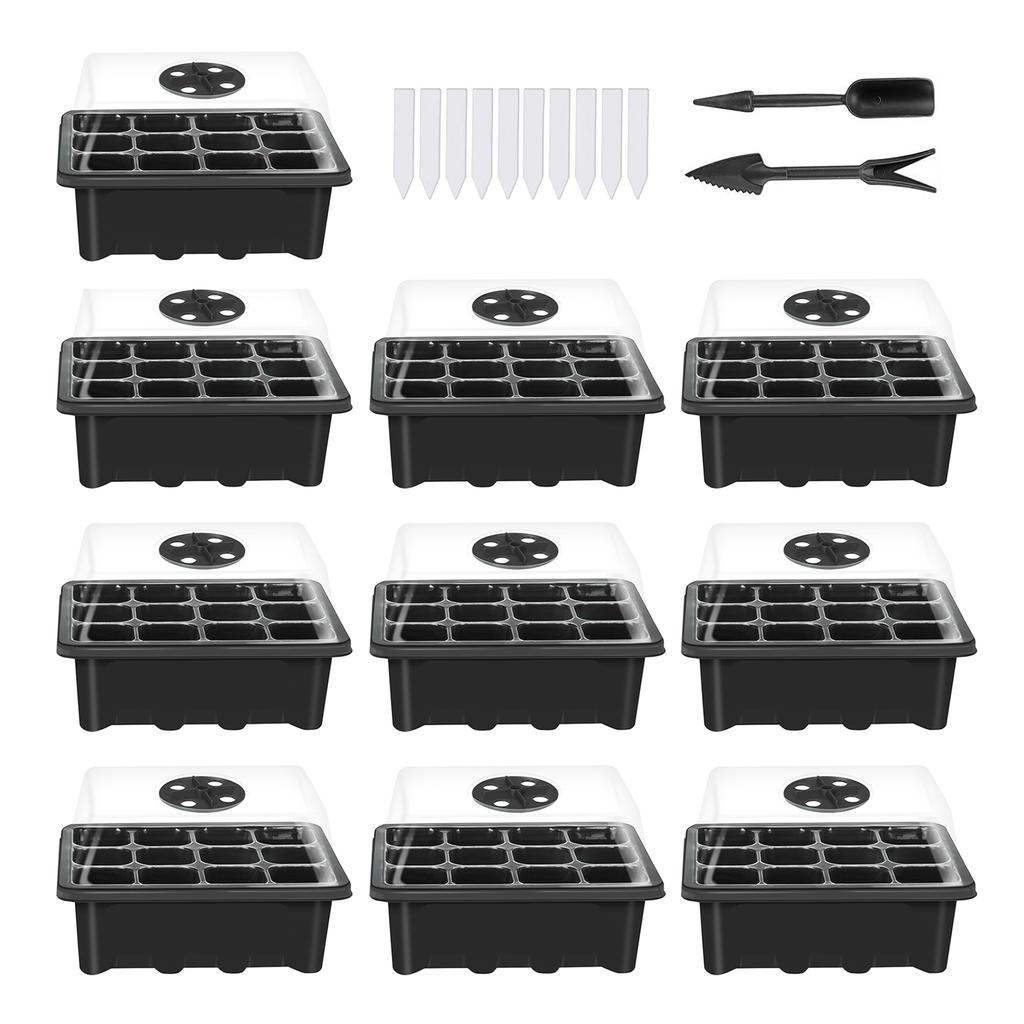 10 Set Seed Trays Seedling Starter Tray (12 Cells Per Tray)with Adjustable Dome Lids and Base Plus