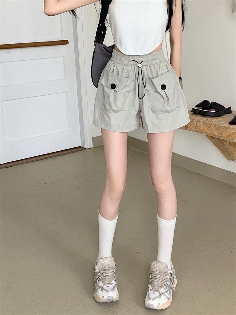 Summer 2024 Women's Gray High-Waisted Wide-Leg Casual Shorts with Double Pockets and Drawstring