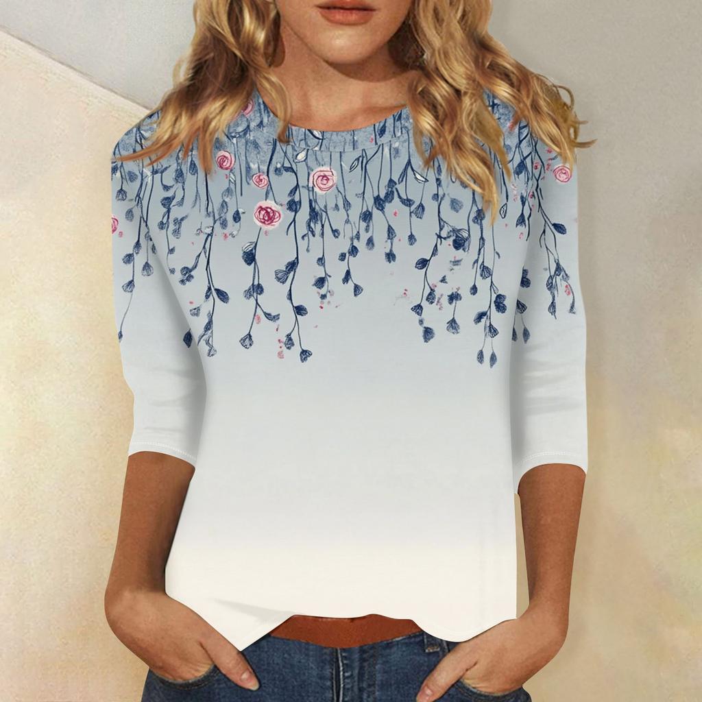 Women's Fashion Casual Three-quarter Sleeve Vintage Floral Print Round Neck Top