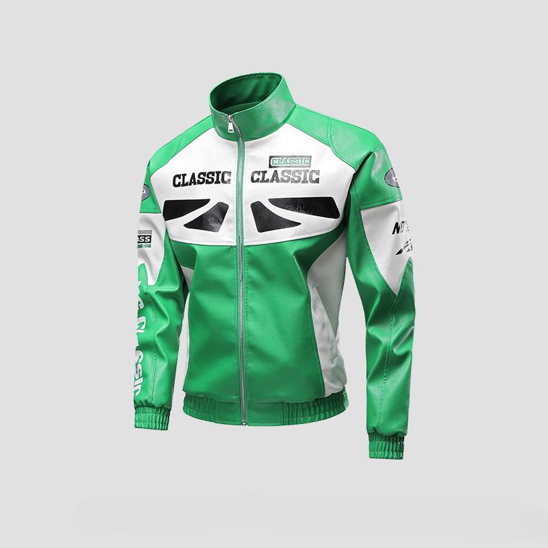 PU Leather Men's Men's Coat In Spring and Autumn New Stand-up Collar Motorcycle Suit Embroidered Color Matching Jacket Men