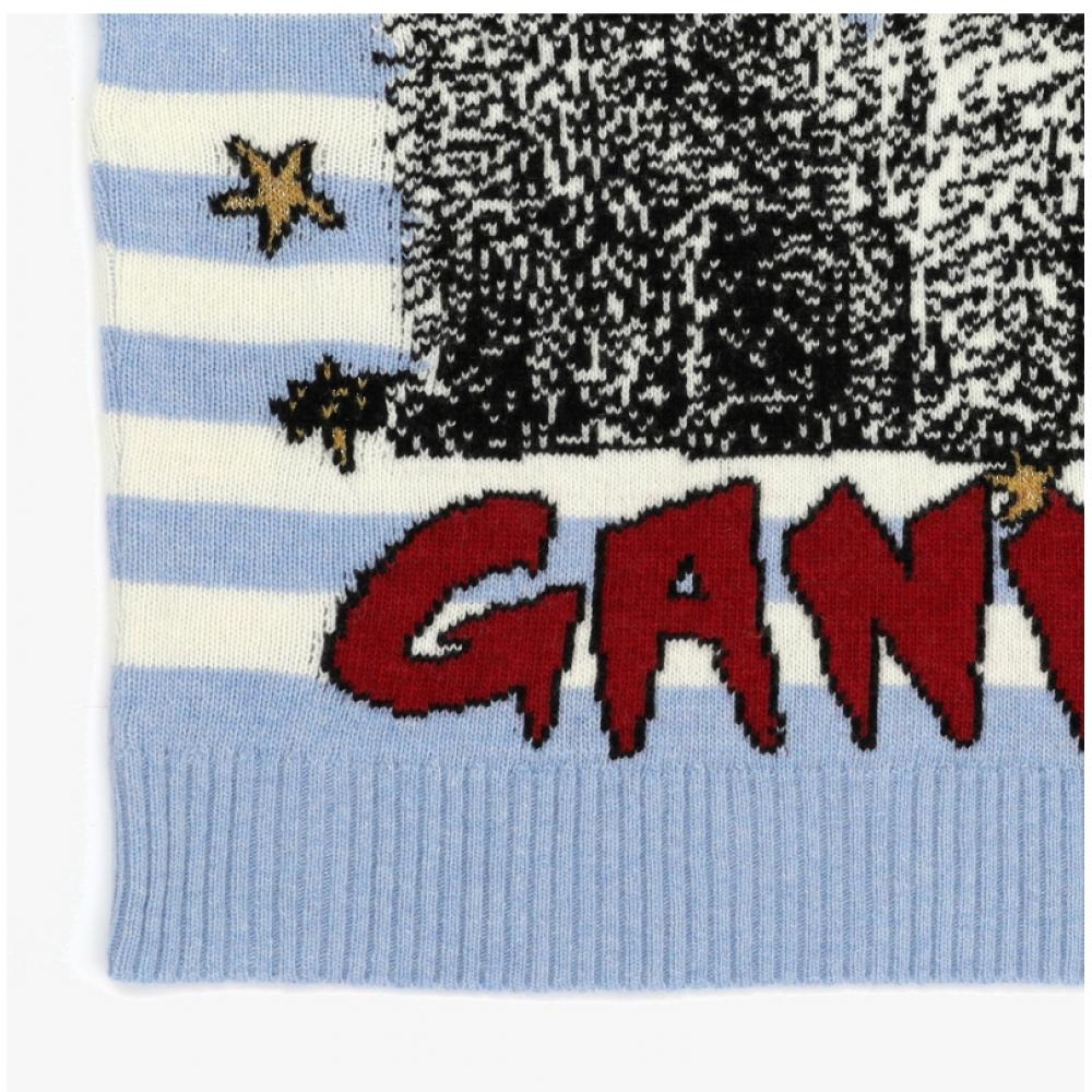 Ganni K2369 628 Cat Graphic Logo Wool Mix Stripe Women S Knit