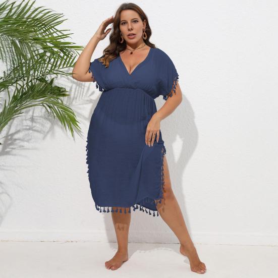 Women Bikini Cover Up Dress Solid Color V-Neck Short Sleeve Elastic High Waist Tassel Patchwork Cover Up Dress