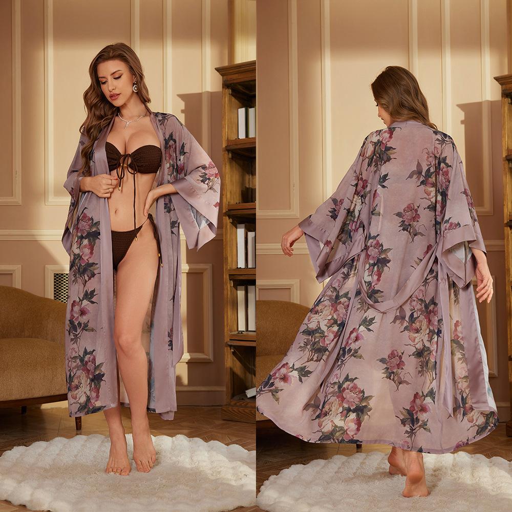 Принт Сатин Женский Длинный Халат Ретро Ночная Сорочка Рукав Три Четверти Кимоно Банный Халат Свободная Домашняя Одежда