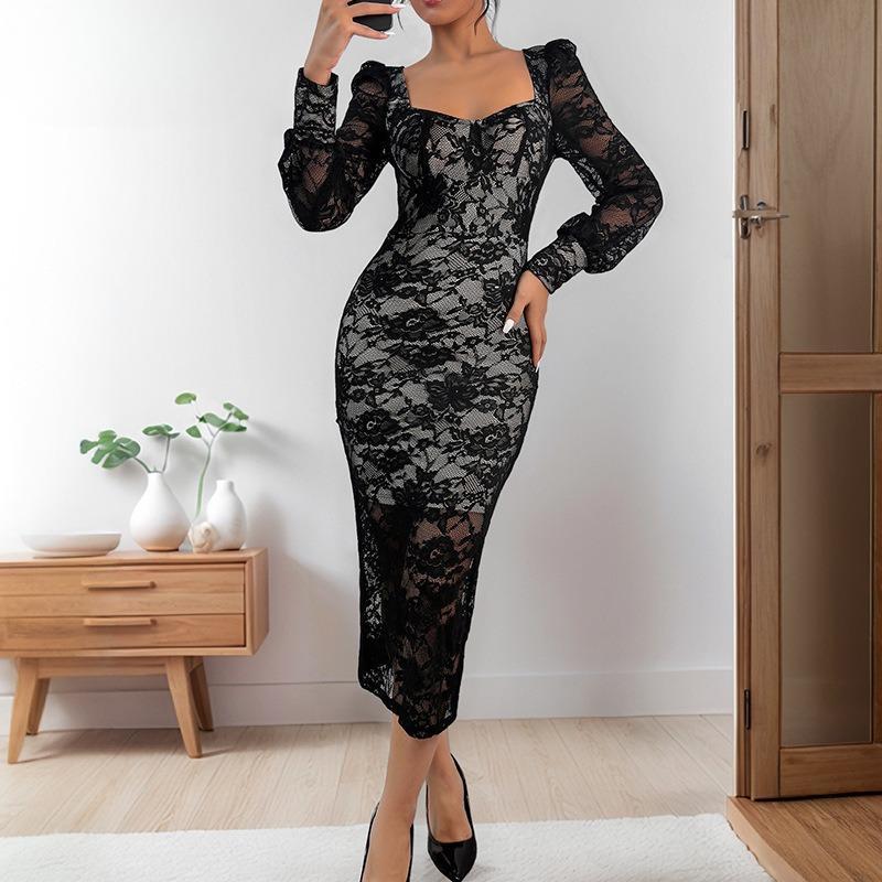 Женское весенне-осеннее платье-футляр с длинными рукавами, накладные двухсекционные платья с подкладкой из кружева