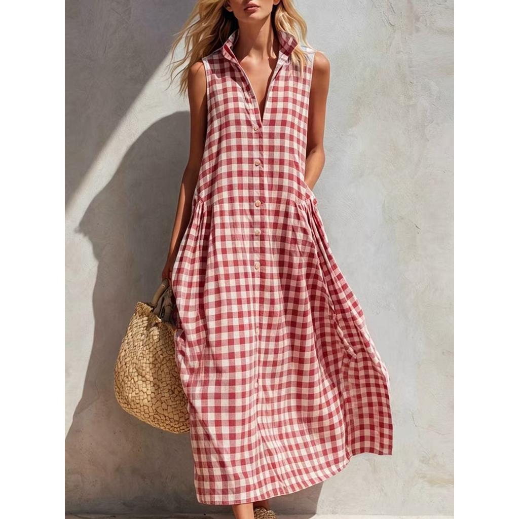 Women's Collar Sleeveless Loose Straight Waist Gingham Plaid Button Front Maxi Dress Beach Vacation Sundress