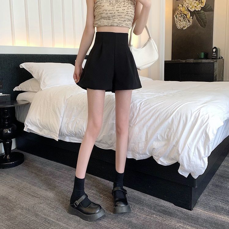 Shorts Women's High-waisted Summer Large Flower Bud Wear Thin A-line Wide Leg Pants Black Casual Hot Pants