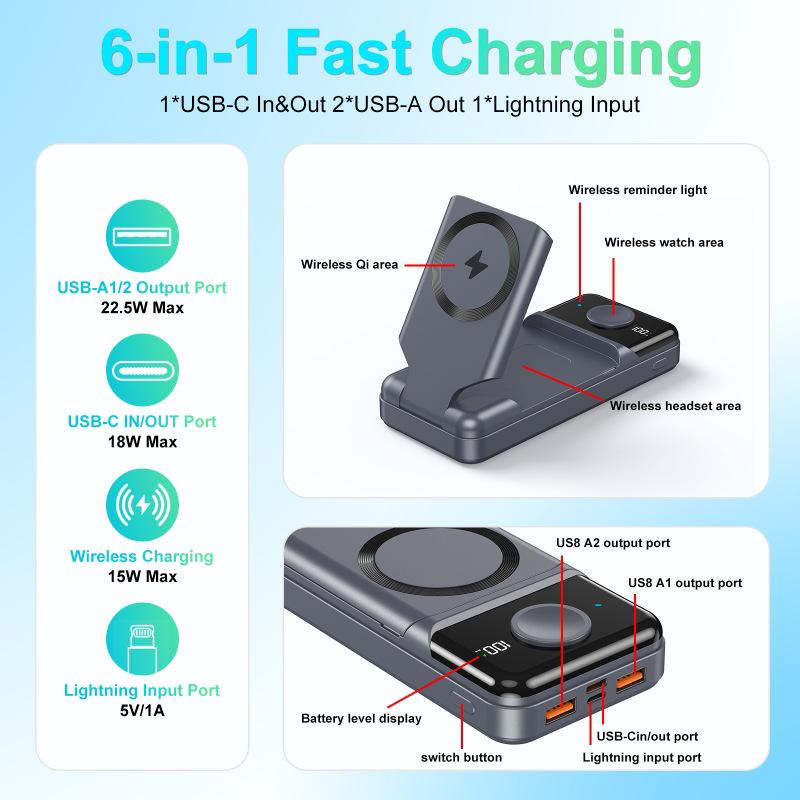 Магнитное беспроводное зарядное устройство 6-в-1 и Power Bank на 23800 мАч со складной подставкой