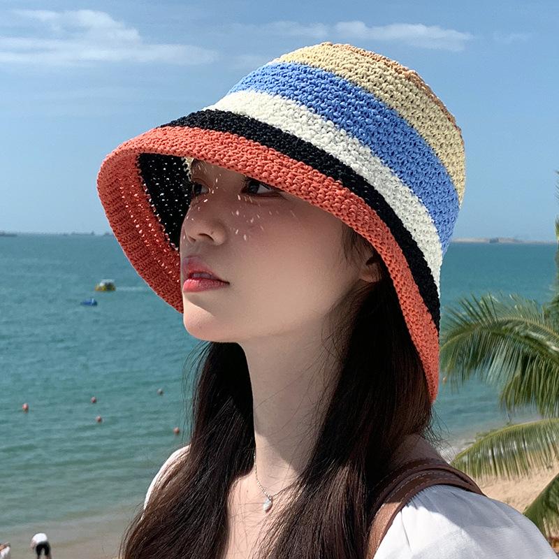 Японская милая радужная соломенная шляпа с красочным краем, большая плетеная из травы шляпа рыбака, пляжная шляпа-зонтик, шляпа-ведро для воды