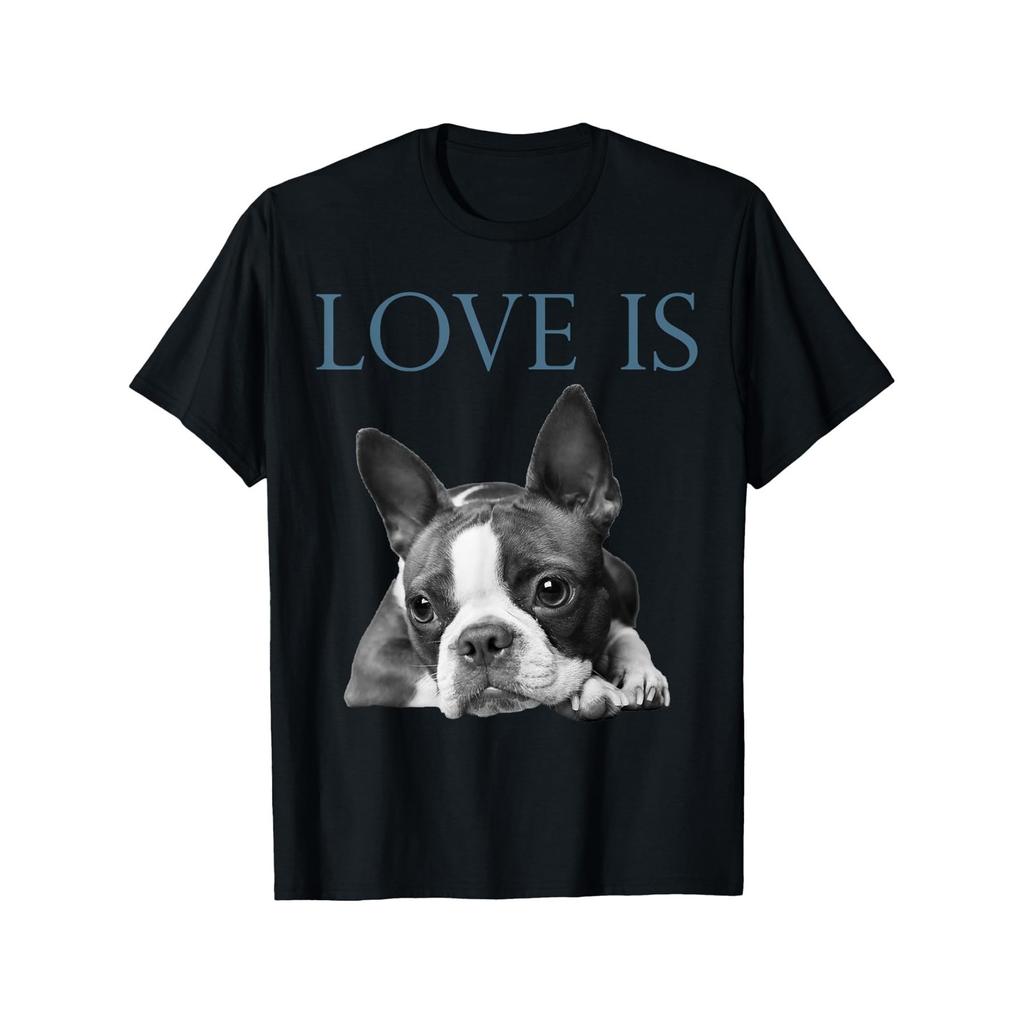 Love Is Boston Terrier Graphic Tee For Men Casual Short Sleeve Cotton Tshirt