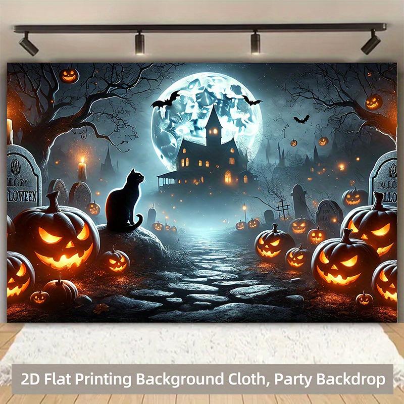 1 piece of 2D background fabric a vibrant polyester background depicting pumpkins and cats in a Halloween cemetery setting