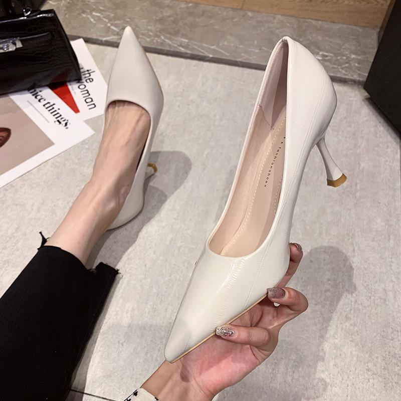 Туфли-лодочки каблук-рюмочка острый носок высокие каблуки мягкая кожа весна и осень новинка универсальные женские черные шпильки
