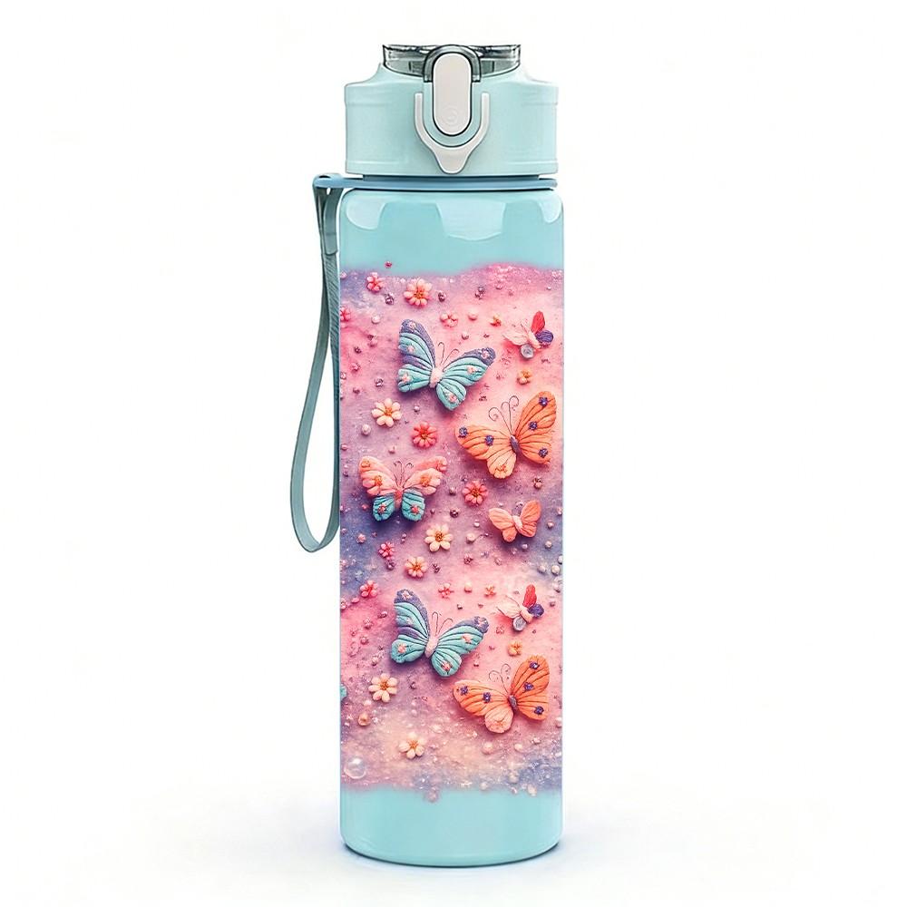 1PC Pastel Pink Blue Marble Swirl Print 750ml Color Plastic Sports Water Bottle Leakproof Flip Straw Lid Suitable for Sports Office Home Use