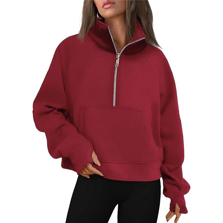 Stand Collar Casual Sweatshirts Half Zip Women Cropped Pullover Thumb Hole Oversized Hoodie Solid Color Plus Size Sports Outfit Plus Size