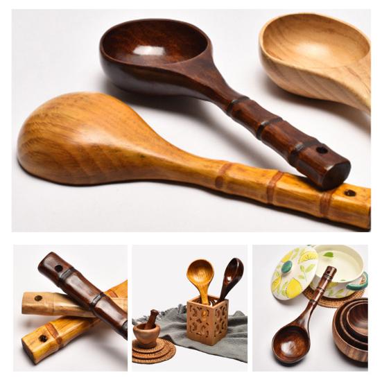 Japanese Style Hand Carved Heat-Resistant Wooden Spoon Bamboo Long Handle Rice Spoon Kitchen Tools
