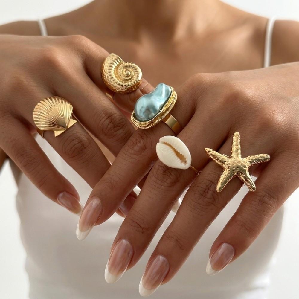 3/5Pcs Metal Finger Open Rings Gold Color Geometric Rings New Starfish Open Ring Set Jewelry