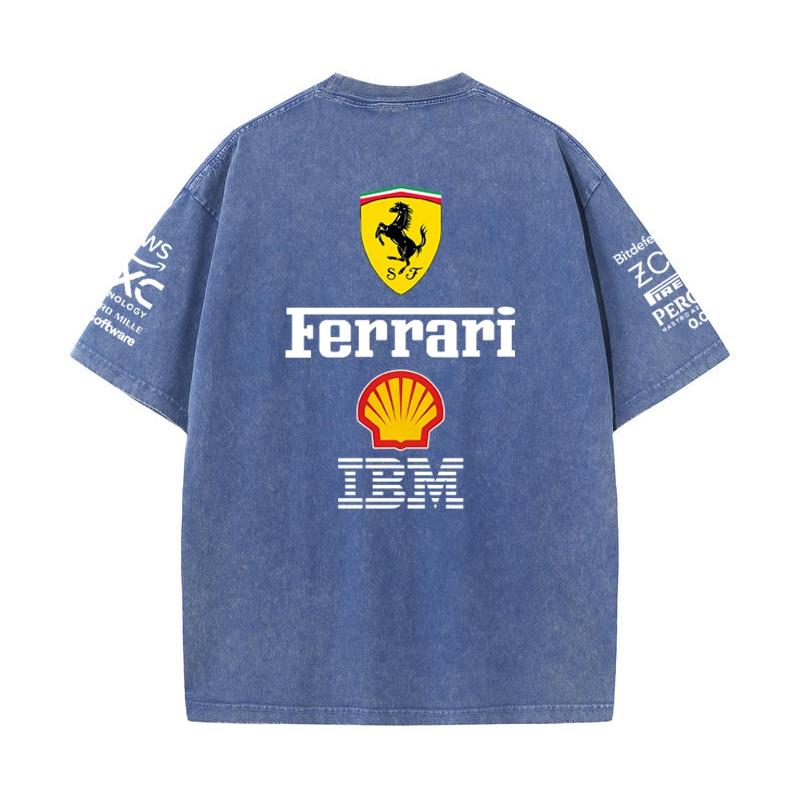 Винтажная стираная черная футболка Ferrari F1 Racing Оверсайз с коротким рукавом Ретро Логотип спонсора автоспорта Печать Повседневная уличная одежда Свободный топ