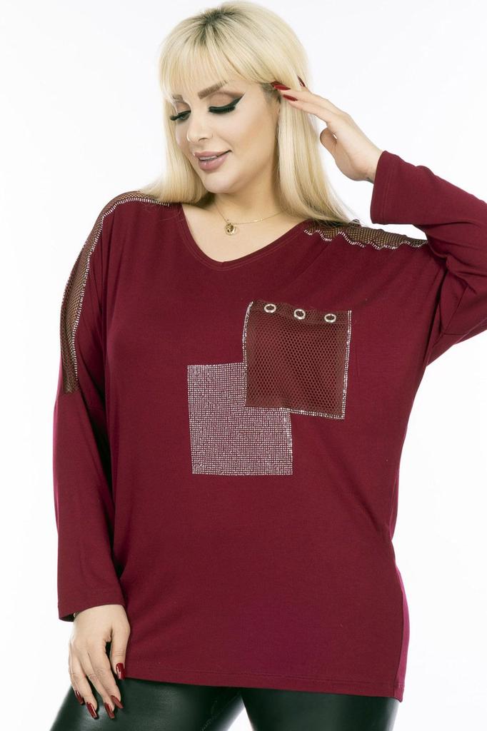 Женская блузка большого размера с v-образным вырезом, карманами и рукавами, сетчатая деталь, каменная вышивка, длинный рукав, удобная и струящаяся гибкая блузка