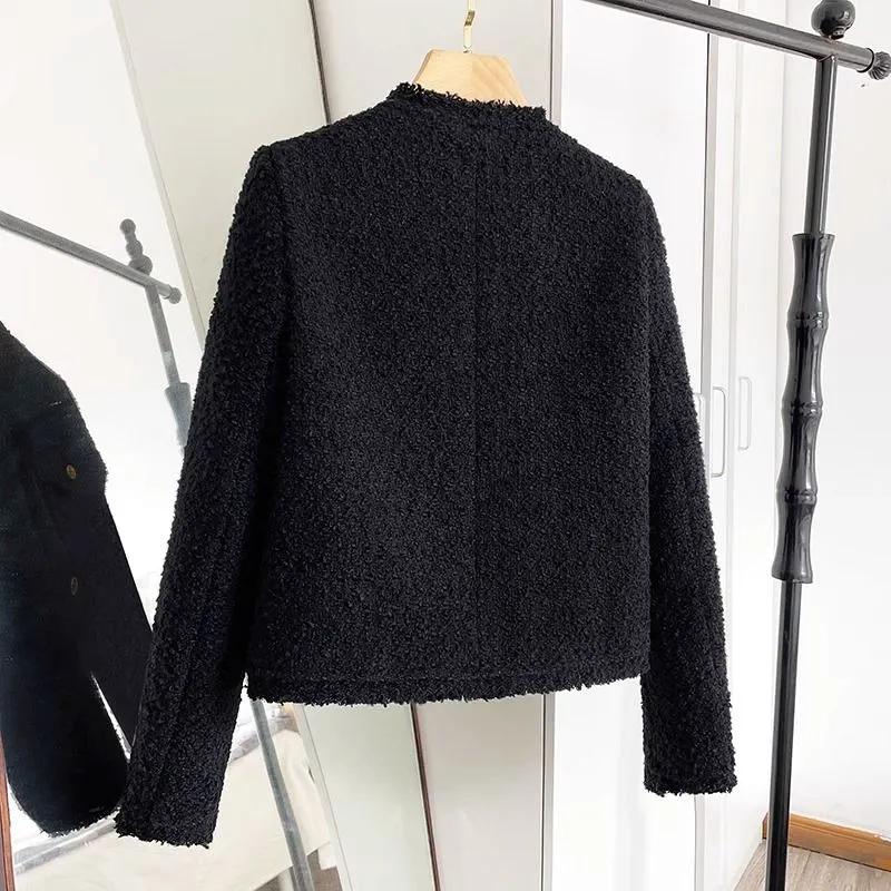 Women Spring Autumn Elegant Socialite Long Sleeve Blacktweed Style Cropped Jacket Thin Regular Crew Neck Jacket
