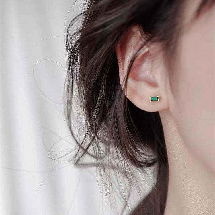 Retro Mini Small Lvzuan S925 Sterling Silver Stud Earrings Rectangular Mini Green Square Diamond Earrings for Women
