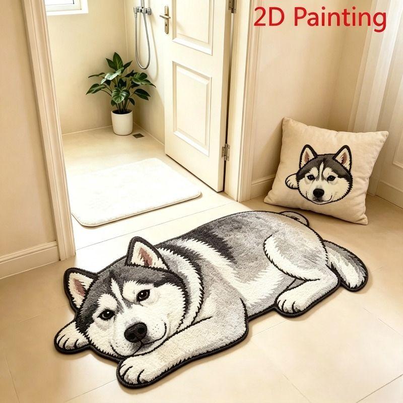 Simulation Lying Down Husky Shaped Plush Long Carpet Entrance Bathroom Living Room Cute Cartoon Home Floor Mat