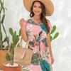 Summer Floral Printing Drawstring Dress V-neck Short Sleeve Vacation Casual Loose Fitting  Short Dress