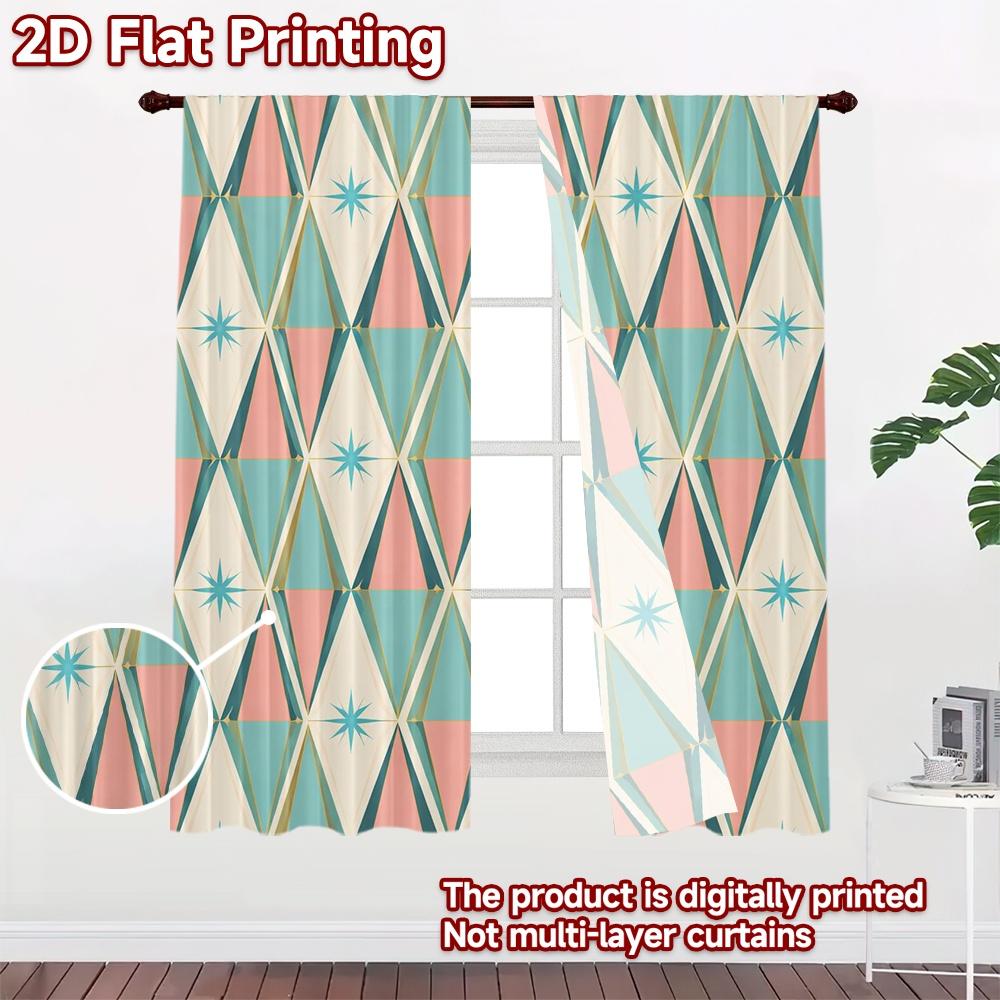 2D FLAT PRINTING 2pcs Curtains (Without Rod) Retro Geometric Diamonds Minimalist Popular Curtains Versatile 100% Polyester