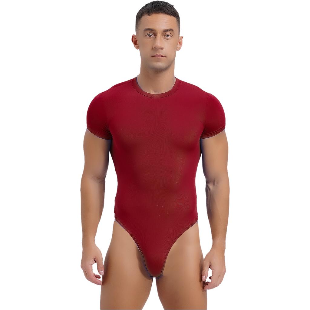 Men's One Piece Thongs Bodysuit Short Sleeve Button Crotch Shirt Leotard Snappies Rompers Jumpsuit