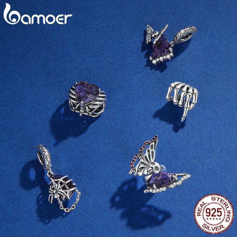 BAMOER Стерлингового Серебра 925 пробы Скелет Сердце и Бабочка Шарм Бусины Череп Бабочка Силиконовый Подвеска для Женщин Браслет DIY Ювелирные Изделия