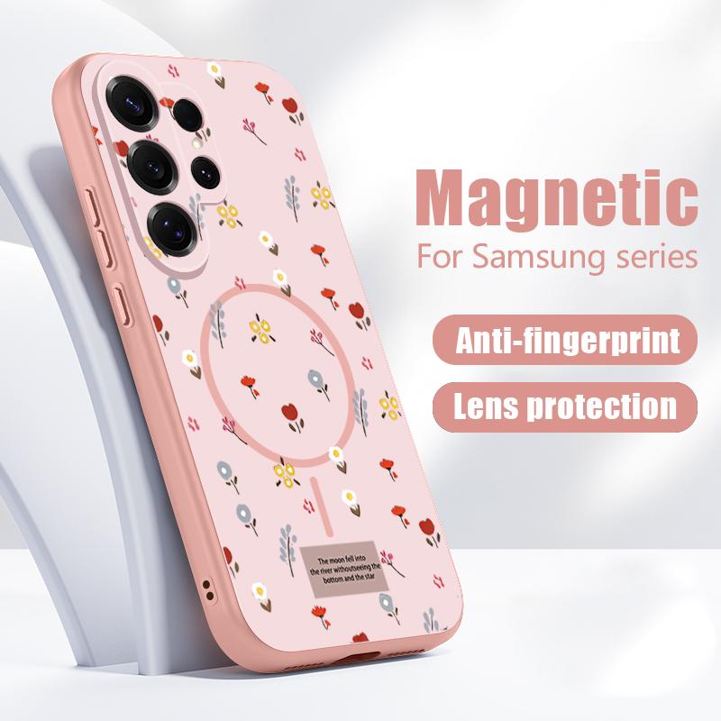 Магнитный Чехол Для Magsafe Для Samsung Galaxy S26 Ultra S25 Edge S24 Plus S23 FE S22 A17 A54 A55 A56 A57 5G Чехол С Рисунком Цветов и Листьев
