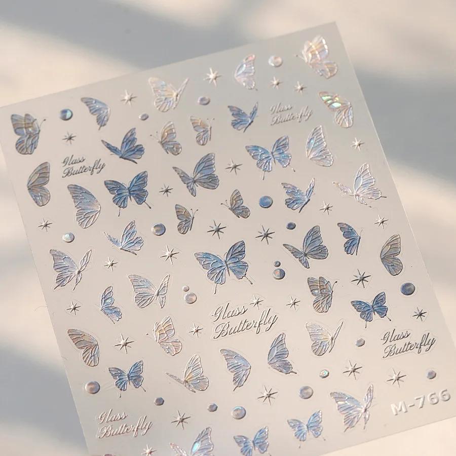 Vigorous Pink Butterfly Gradient Petal Flower Shiny Stars 5D Soft Self Adhesive Nail Art Decoration Sticker Manicure Decal DIY
