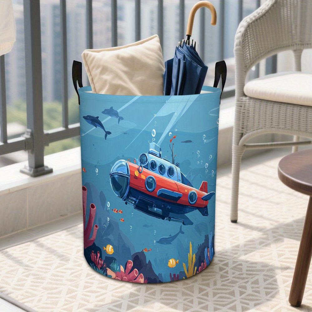 1pc Laundry Basket, Underwater Submarine Printed Dirt Basket - Marine Life Pattern, Durable Polyester Storage Basket for Room and Bathroom Finishing,