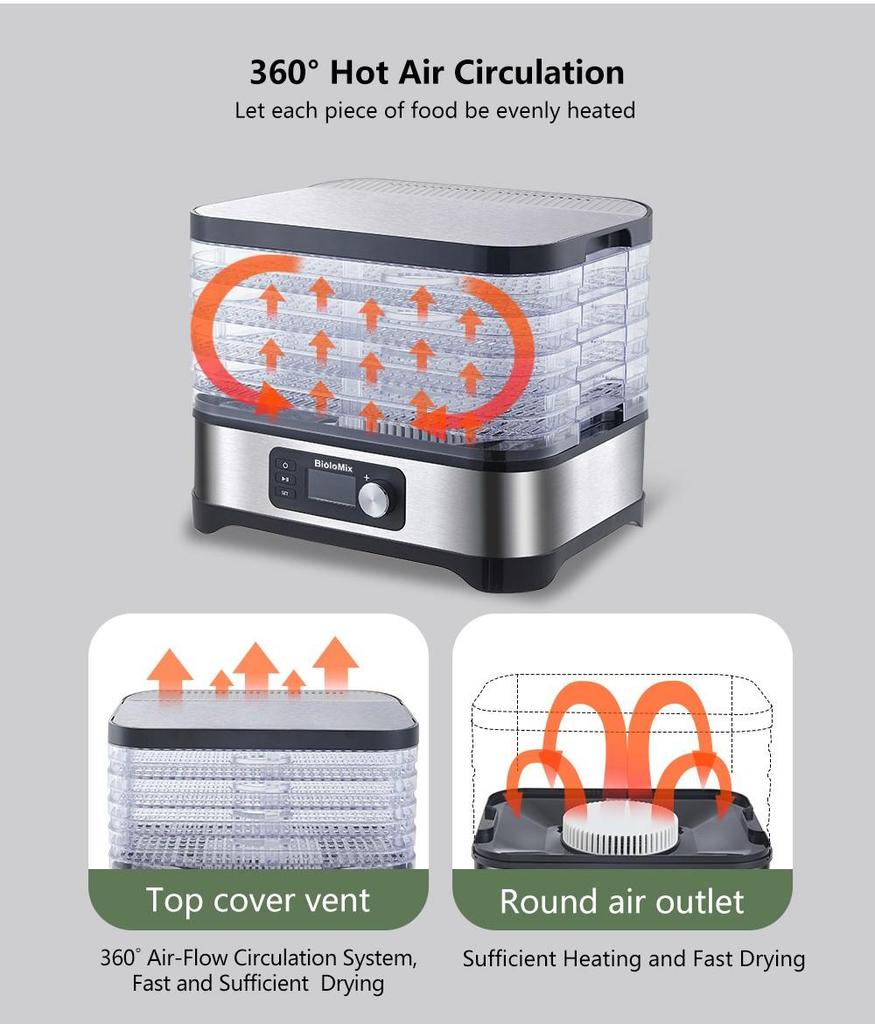 Сушилка-дегидратор для пищевых продуктов BioloMix BD1200, 5 лотков, не содержит BPA, цифровой таймер, контроль температуры, для фруктов и овощей